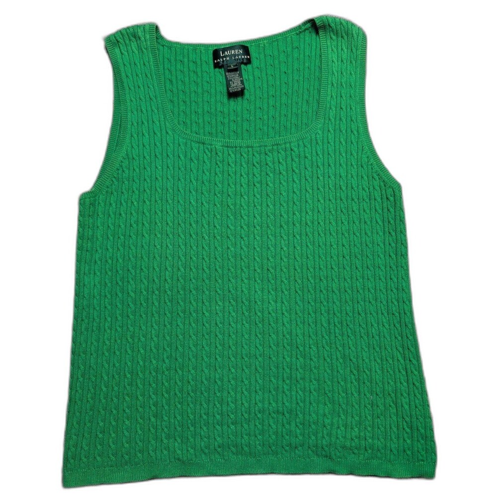 Vintage Y2K Women's Ralph Lauren Green Cable Knit Sleeveless Tank Top Sweater L